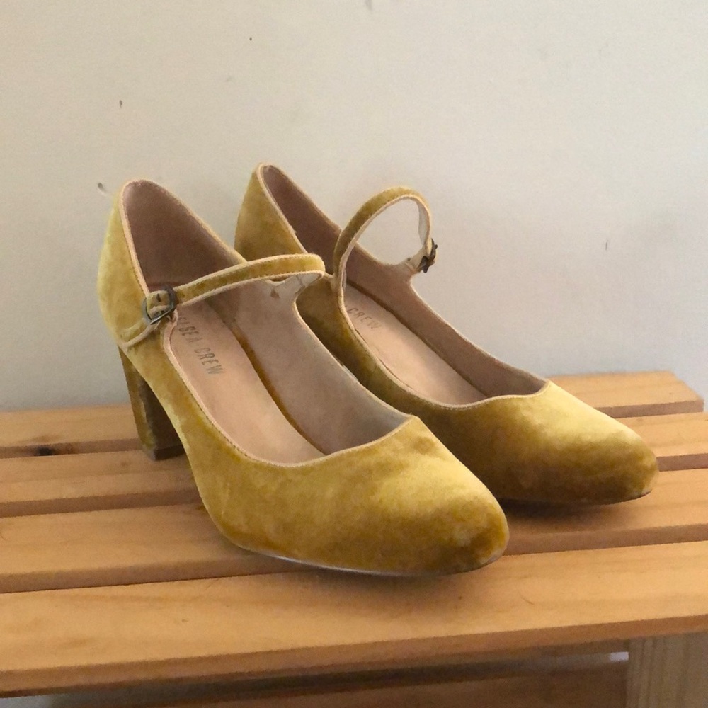 Anthropologie mustard yellow velvet heels